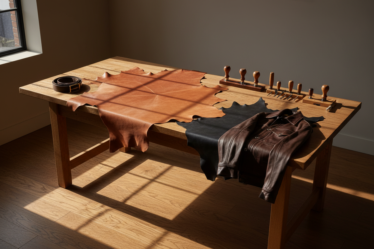 [Wide-angle leather workshop banner. Solid wooden worktable with premium leather hides spread naturally, finished leather belts and a folded leather jacket placed with intention. Subtle hand tools aligned neatly. Warm natural daylight entering from the side, soft shadows. Earthy browns and deep blacks. Minimal luxury, modern heritage aesthetic. Clean negative space for text overlay. No logos, no text, no faces, no models.]